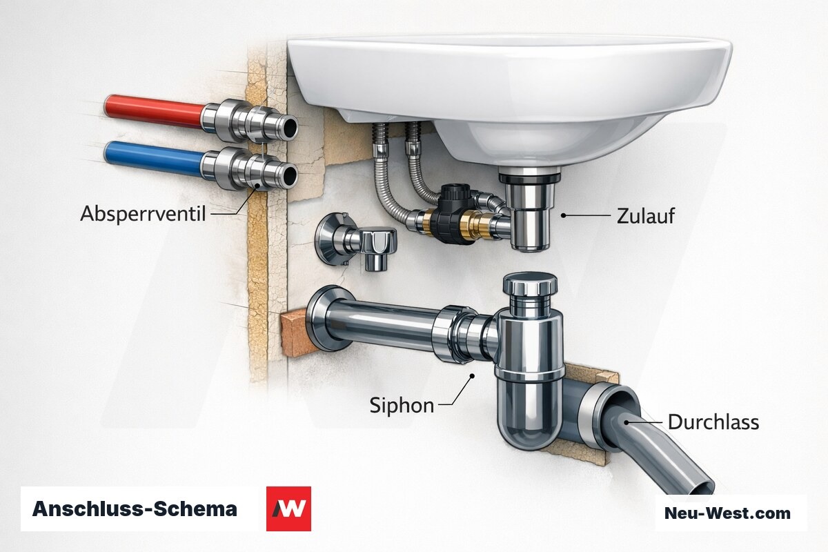 Anschluss-Schema: Kalt-/Warmwasser, Absperrung, Siphon und Ablauf im Längsschnitt – Erklär-Grafik (NEUWEST Berlin)