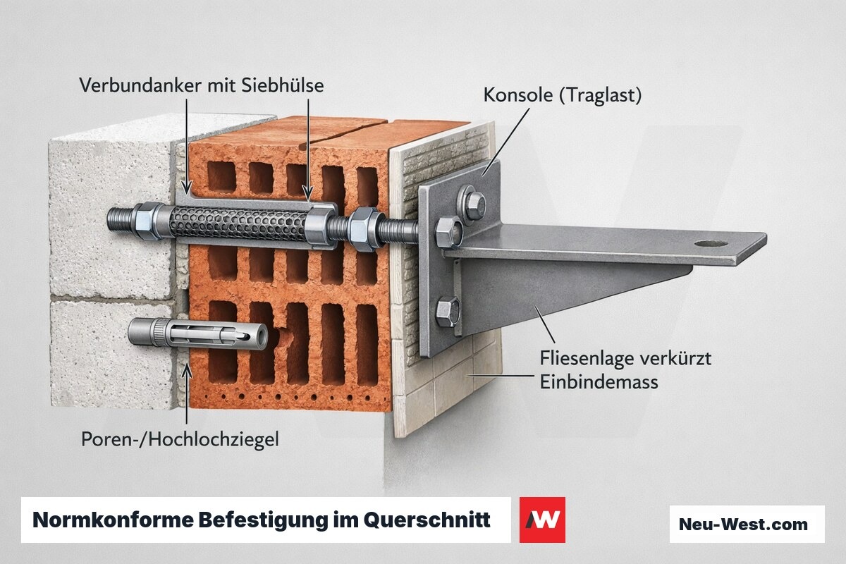 Querschnitt einer Wandbefestigung: Verbundanker mit Siebhülse in Poren-/Hochlochziegel, Konsole und Fliesenlage, die das Einbindemaß verkürzt.