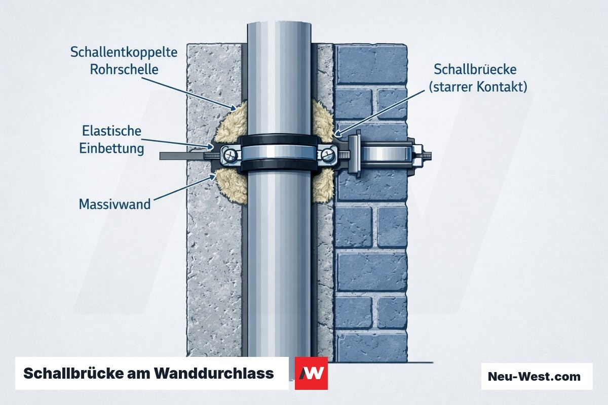 Querschnitt eines Wanddurchlasses mit schallentkoppelter Rohrschelle und elastischer Einbettung der Abflussleitung in der Massivwand nach VDI 4100.