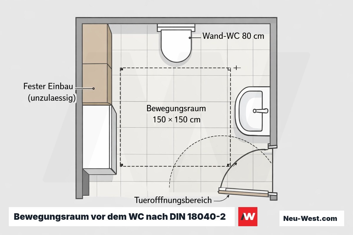Grundriss-Cutaway eines barrierefreien Bades: 150×150 cm Bewegungsraum vor dem WC, blockiert durch festen Einbau und Türöffnung.