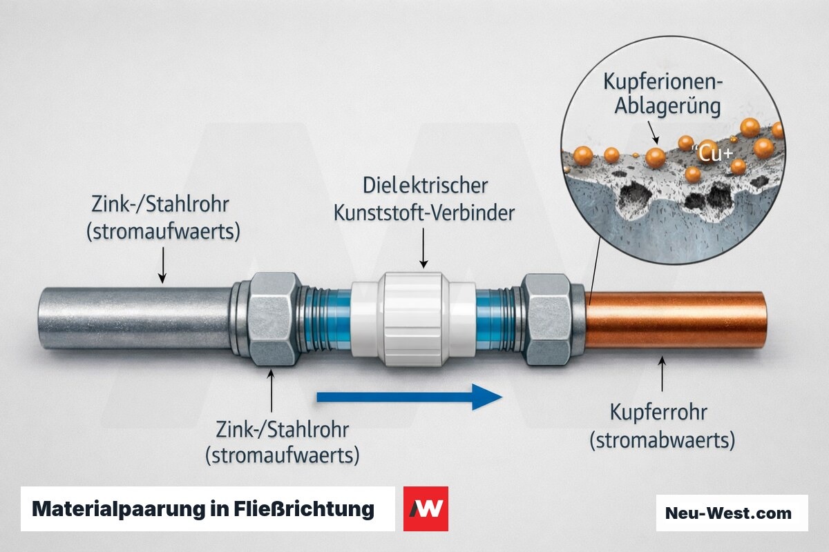 Querschnitt einer Trinkwasserleitung: Stahl und Zink stromaufwärts, Kupfer stromabwärts, dielektrischer Kunststoff-Verbinder trennt die Metalle gegen galvanische Korrosion.