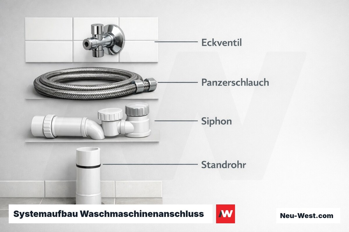 Systemaufbau Waschmaschinenanschluss — Komponenten und Normen – Erklär-Grafik (NEUWEST Berlin)