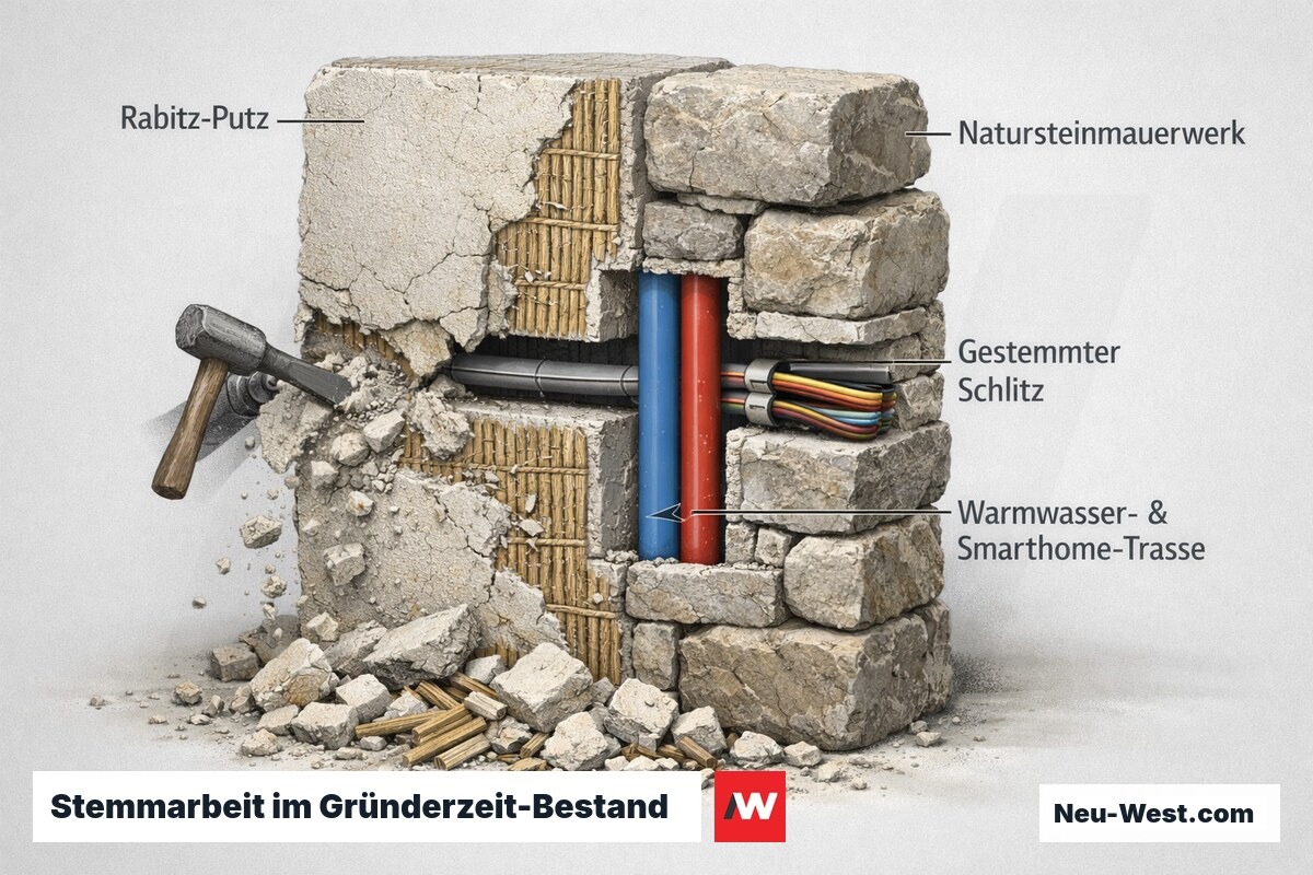 Wandquerschnitt eines Gründerzeitbaus mit gestemmtem Schlitz für Warmwasser- und Smarthome-Leitungen in Natursteinmauerwerk und Rabitz-Putz.