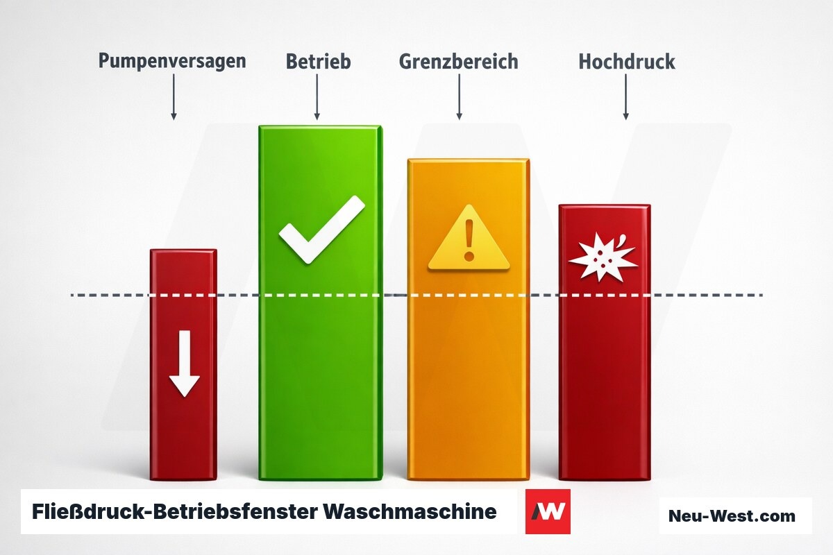 Fließdruck-Betriebsfenster Waschmaschine – Erklär-Grafik (NEUWEST Berlin)