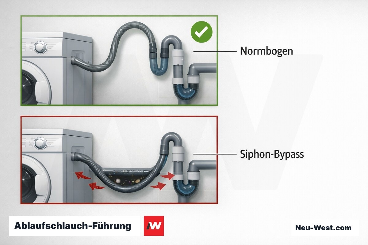 Ablaufschlauch-Führung: Normgerecht vs. Fehlerhaft – Erklär-Grafik (NEUWEST Berlin)