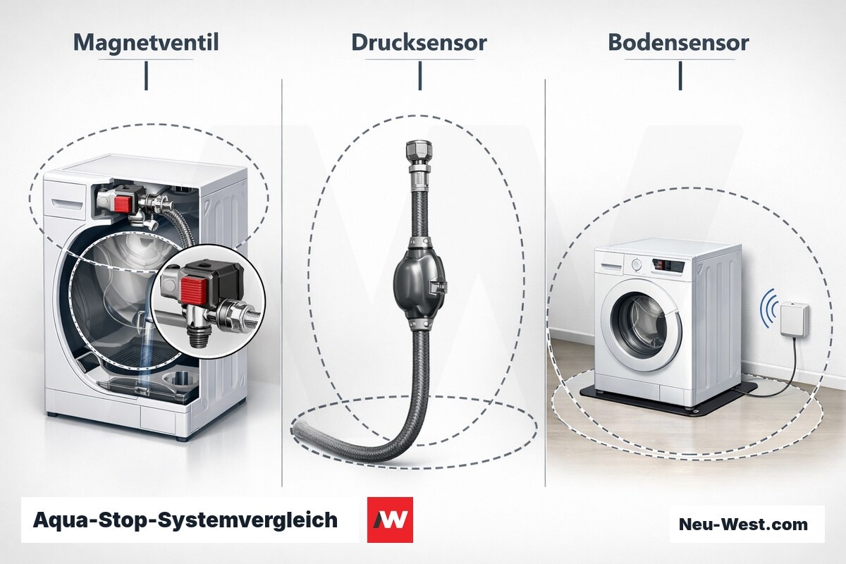 Aqua-Stop-Systemvergleich: Drei Schutzprinzipien – Erklär-Grafik (NEUWEST Berlin)