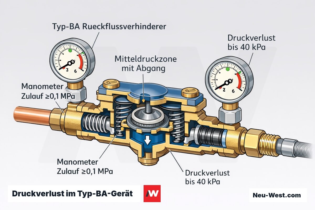 Querschnitt eines Typ-BA-Rückflussverhinderers mit Zulauf- und Ablauf-Manometer, die den Druckverlust bis 40 kPa und den Mindestdruck 0,1 MPa zeigen.