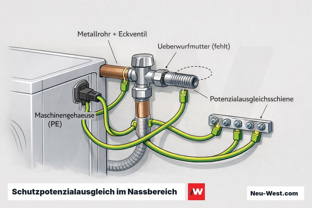 Cutaway-Detail: metallische Rohre, Ventil, Maschinengehäuse und Überwurfmutter mit grün-gelben Ausgleichsleitern an der Potenzialausgleichsschiene, fehlende Verbindung markiert.