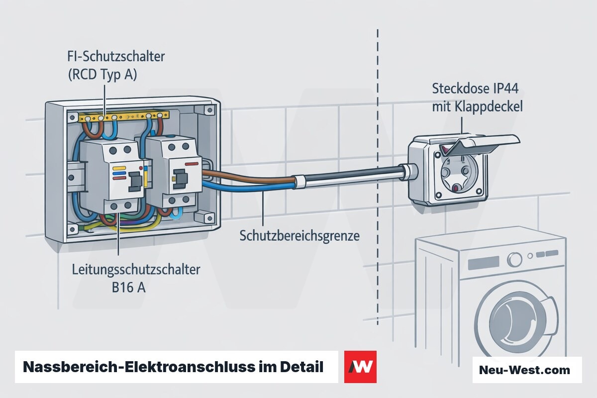 Cutaway-Diagramm eines Nassbereich-Elektroanschlusses mit RCD Typ A, Leitungsschutzschalter B16 A, IP44-Steckdose und Schutzbereichsgrenze.