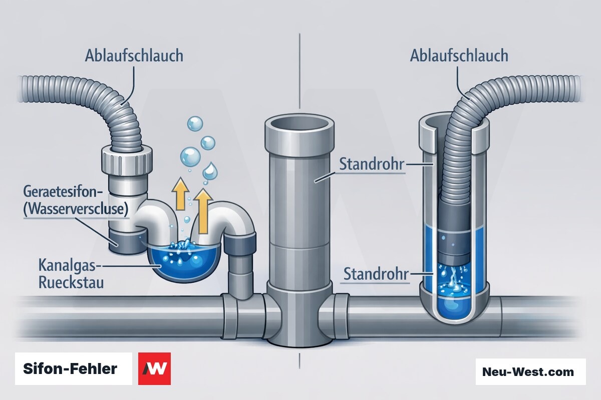 Querschnitt zeigt zu flachen Gerätesifon mit Kanalgas-Austritt und zu tief eingeführten Ablaufschlauch im Standrohr mit Saughebereffekt.