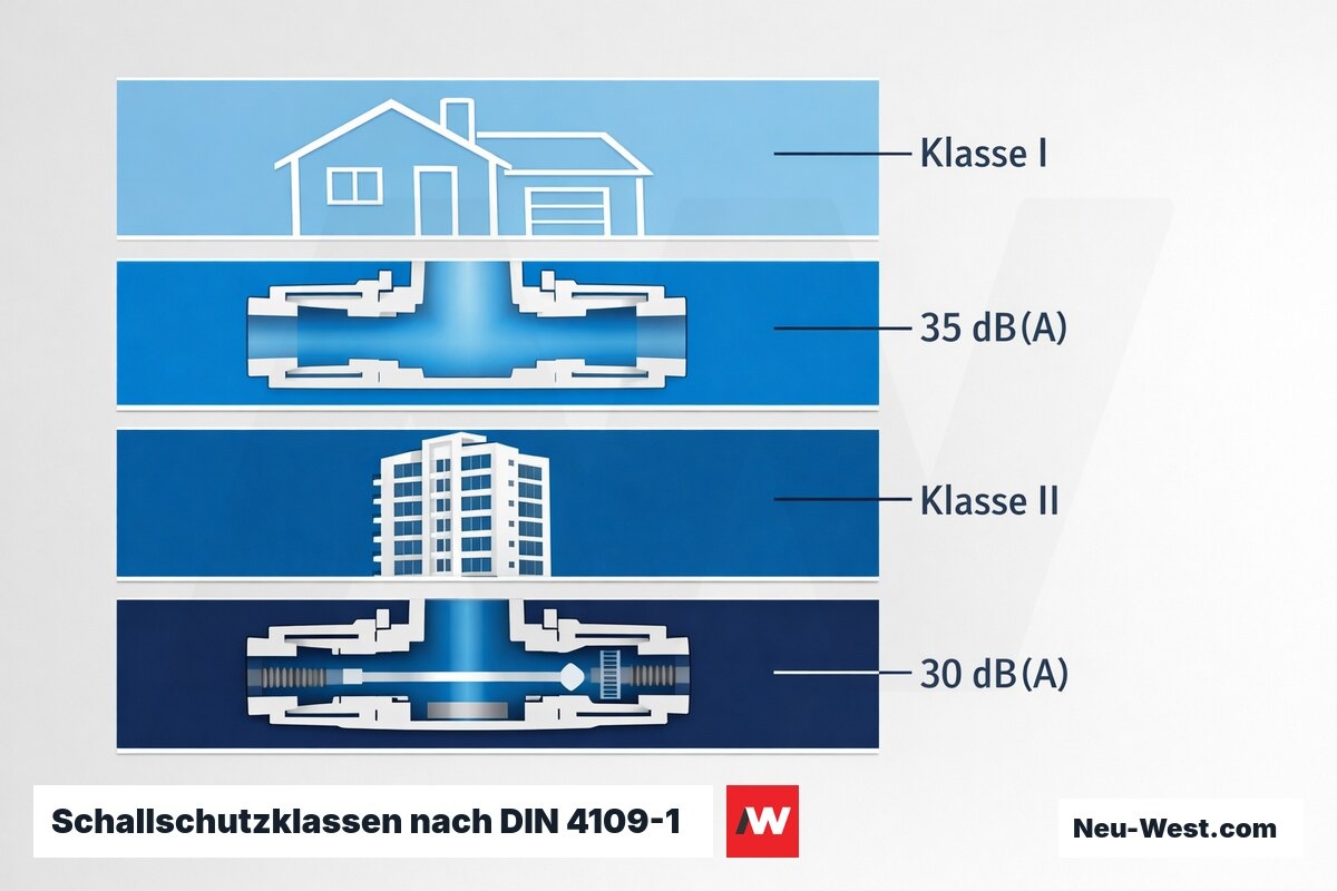 Schallschutzklassen nach DIN 4109-1: Gebäudetyp, Armaturenbauart und Grenzwerte – Erklär-Grafik (NEUWEST Berlin)