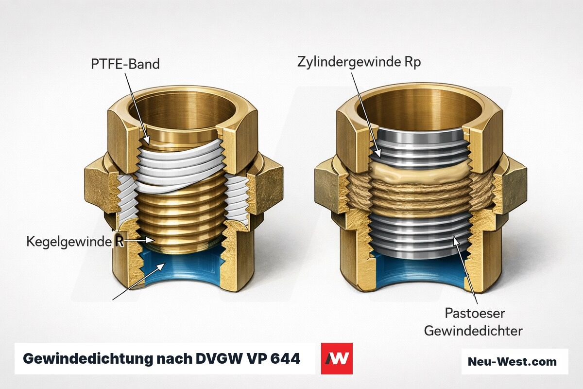 Querschnitt zweier Gewindeverbindungen: Kegelgewinde mit PTFE-Band und Zylindergewinde mit pastösem Dichter plus Hanf nach VP 644.