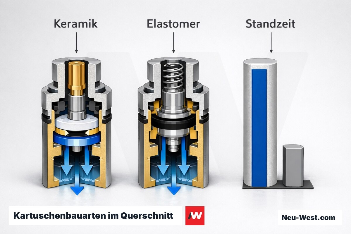 Kartuschenbauarten im Querschnitt: Keramik-Scheibensatz vs. Elastomer-Dichtring und Standzeit – Erklär-Grafik (NEUWEST Berlin)