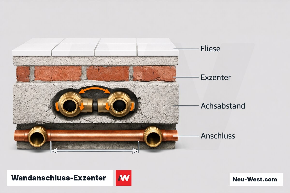 Wandanschluss-Exzenter: Schichtaufbau, Achsabstand 150 mm und Toleranzausgleich ±15 mm – Erklär-Grafik (NEUWEST Berlin)