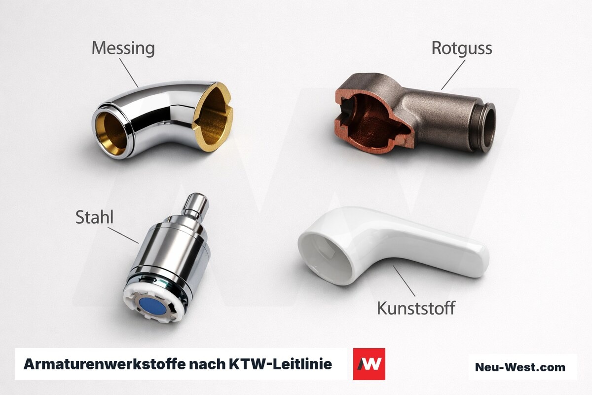 Armaturenwerkstoffe nach KTW-Leitlinie und EU-Trinkwasserrichtlinie 2020/2184 – Erklär-Grafik (NEUWEST Berlin)