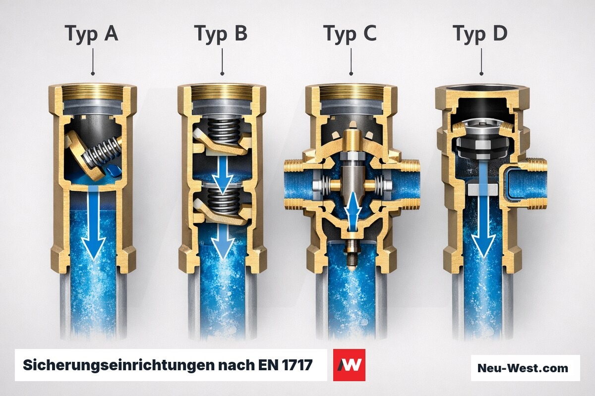 Sicherungseinrichtungen nach EN 1717: Typen A bis D — Aufbau und Einbauposition – Erklär-Grafik (NEUWEST Berlin)