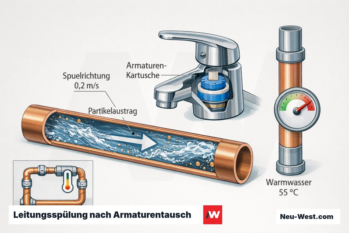 Querschnitt einer Trinkwasserleitung während der Spülung nach Armaturentausch mit Fließrichtung, Partikelaustrag, Kartusche und Warmwasserzone.