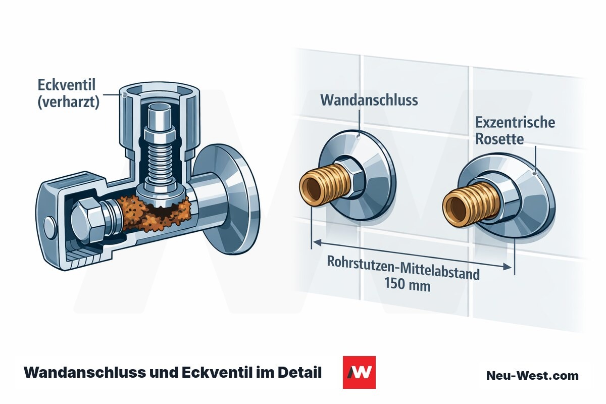 Cutaway-Grafik: verharztes Eckventil und zwei Wand-Rohrstutzen mit 150-mm-Mittelabstand und exzentrischer Rosette bei Abweichung.