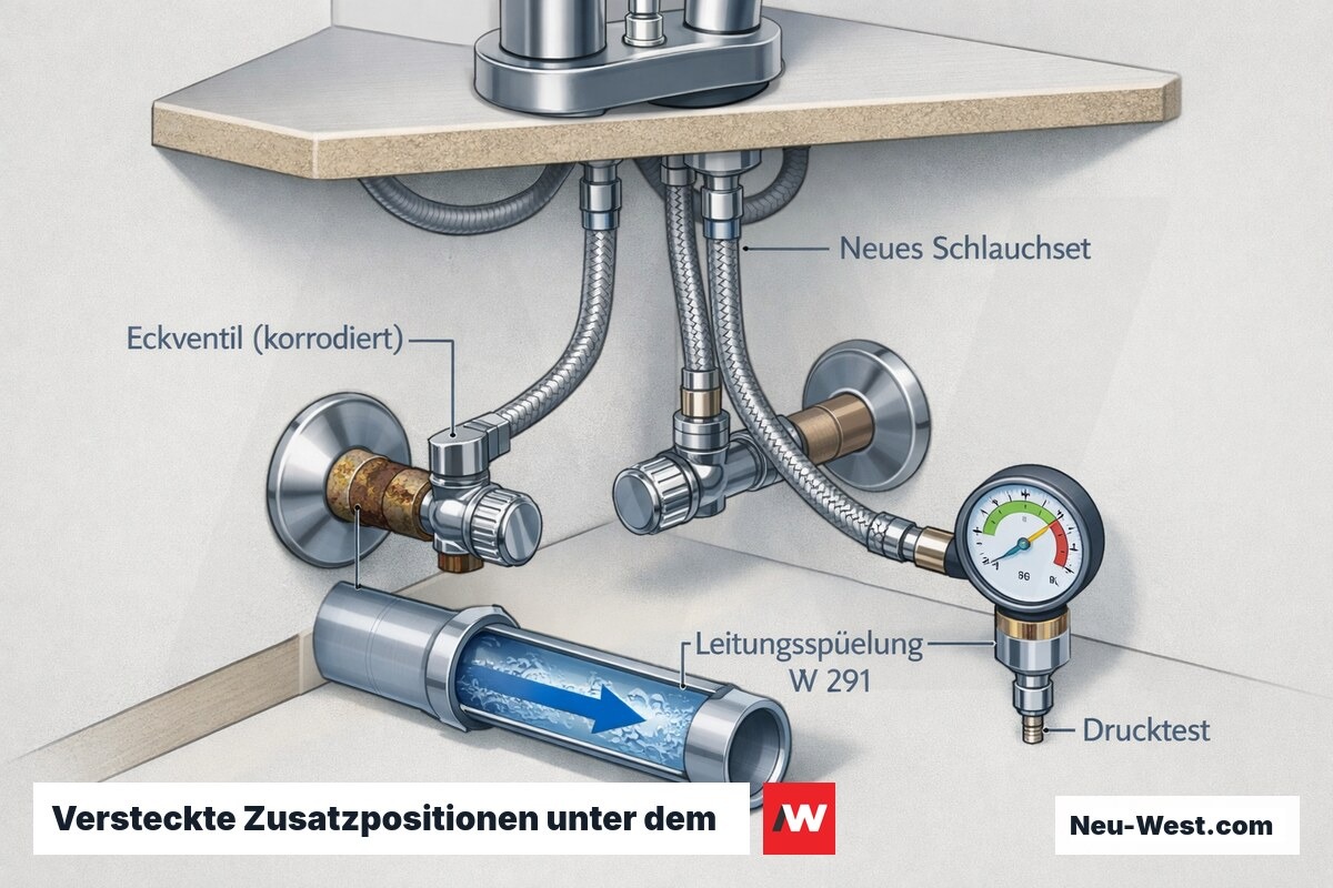 Cutaway der Untertisch-Anschlüsse: korrodiertes Eckventil, neues Schlauchset, Leitungsspülung nach W 291 und Drucktest als Kostenpositionen.