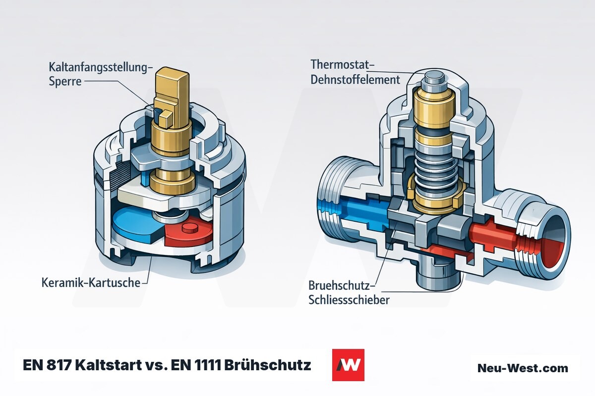 Querschnitt-Vergleich: Einhebelmischer-Kartusche mit Kaltanfangsstellung-Sperre nach EN 817 und thermostatisches Mischventil mit Brühschutz nach EN 1111.