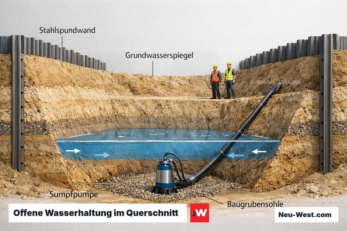 Querschnitt einer Baugrube mit Grundwasserstand, Sumpfpumpe und Spundwänden in sandigen Berliner Böden