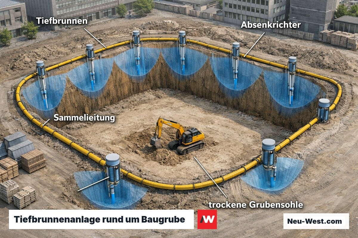 Vogelperspektive einer Baugrube mit Tiefbrunnenkranz und Absenkrichtern, die das Grundwasser großflächig absenken