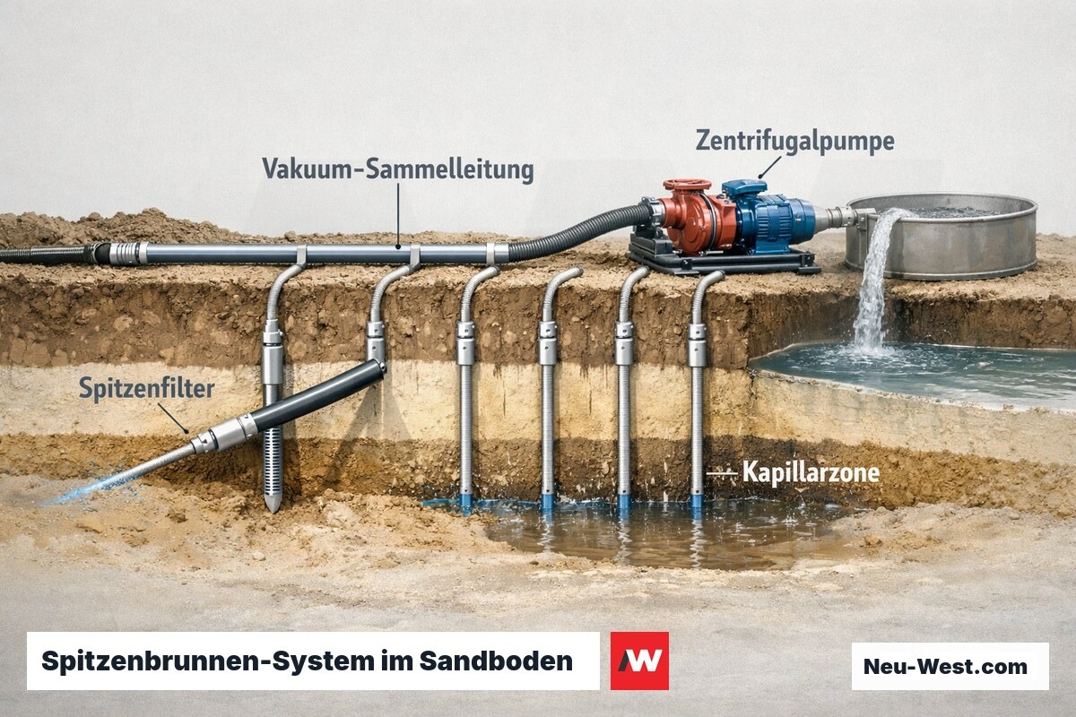 Technische Darstellung eines Spitzenbrunnen-Systems mit Vakuumpumpe und Filterlanzen zur Grundwasserabsenkung in Feinsand