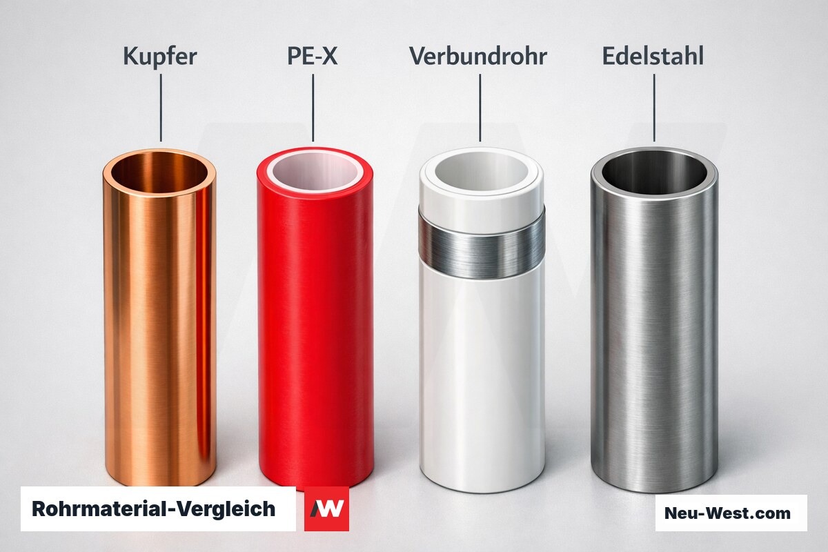 Rohrmaterial-Vergleich: Kupfer, PE-X, Verbundrohr, Edelstahl – Erklär-Grafik (NEUWEST Berlin)