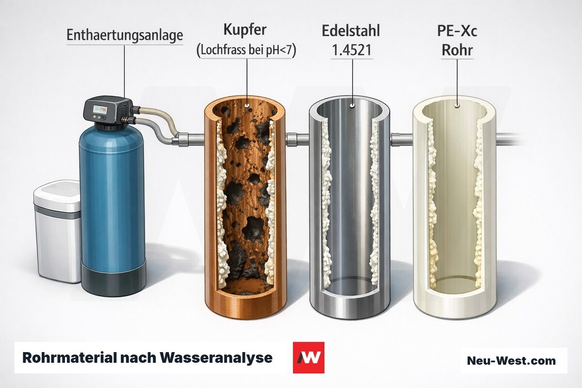 Vergleich dreier aufgeschnittener Rohre – korrodiertes Kupfer, Edelstahl 1.4521 und PE-Xc – mit Enthärtungsanlage zur Materialwahl.
