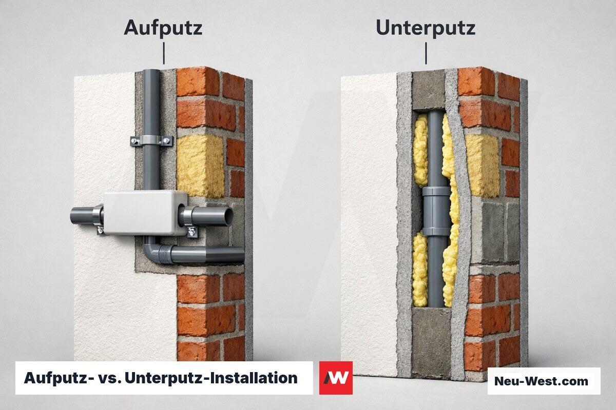 Aufputz- vs. Unterputz-Installation im Wandquerschnitt – Erklär-Grafik (NEUWEST Berlin)