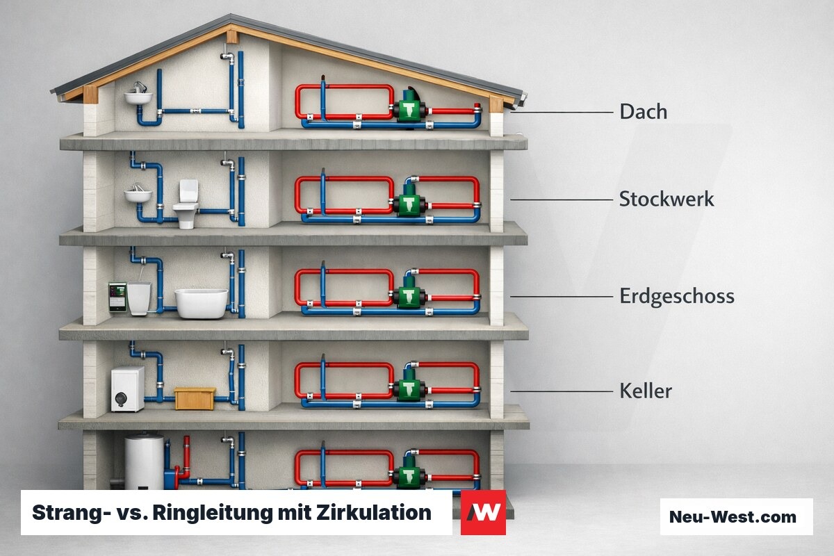 Strang- vs. Ringleitung mit Zirkulation im Mehrfamilienhaus – Erklär-Grafik (NEUWEST Berlin)