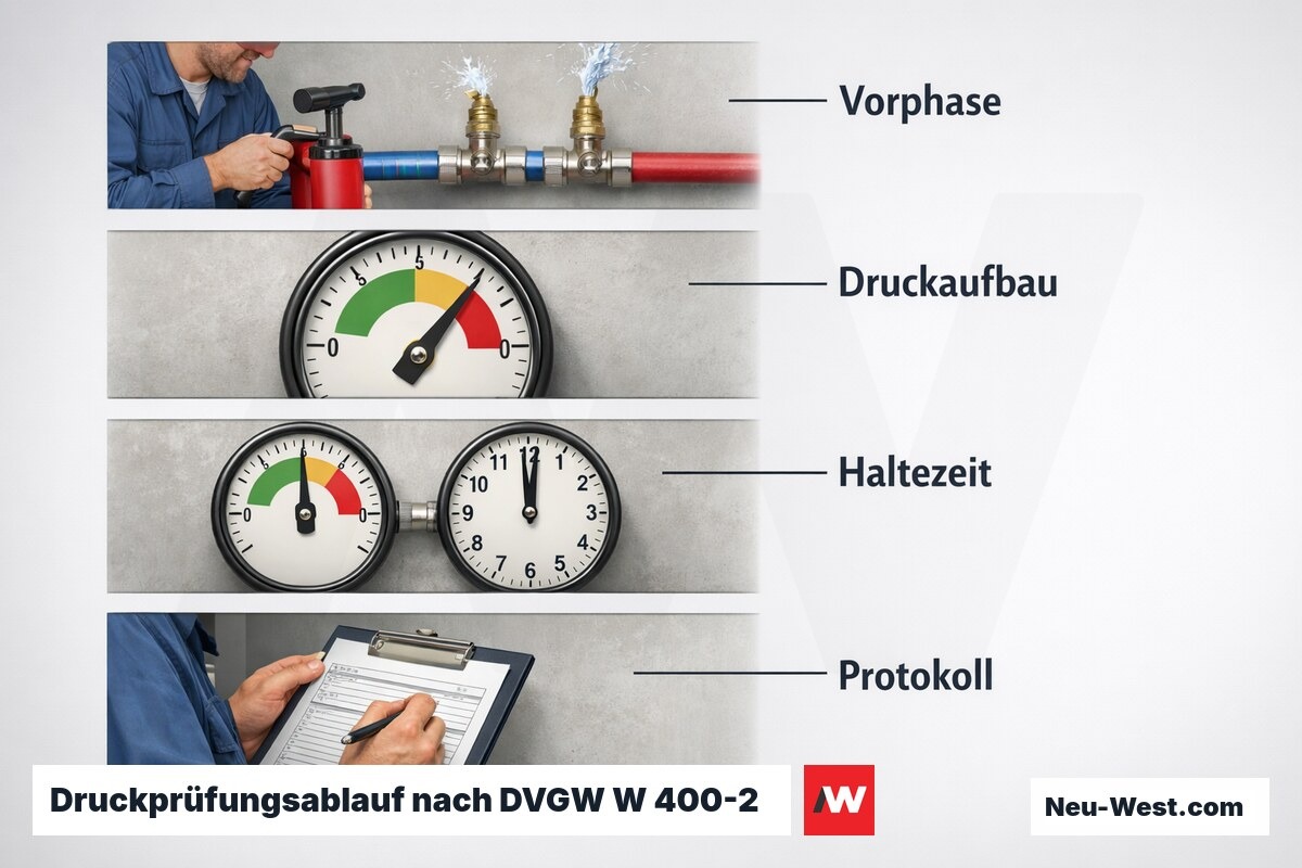 Druckprüfungsablauf nach DVGW W 400-2 – Erklär-Grafik (NEUWEST Berlin)