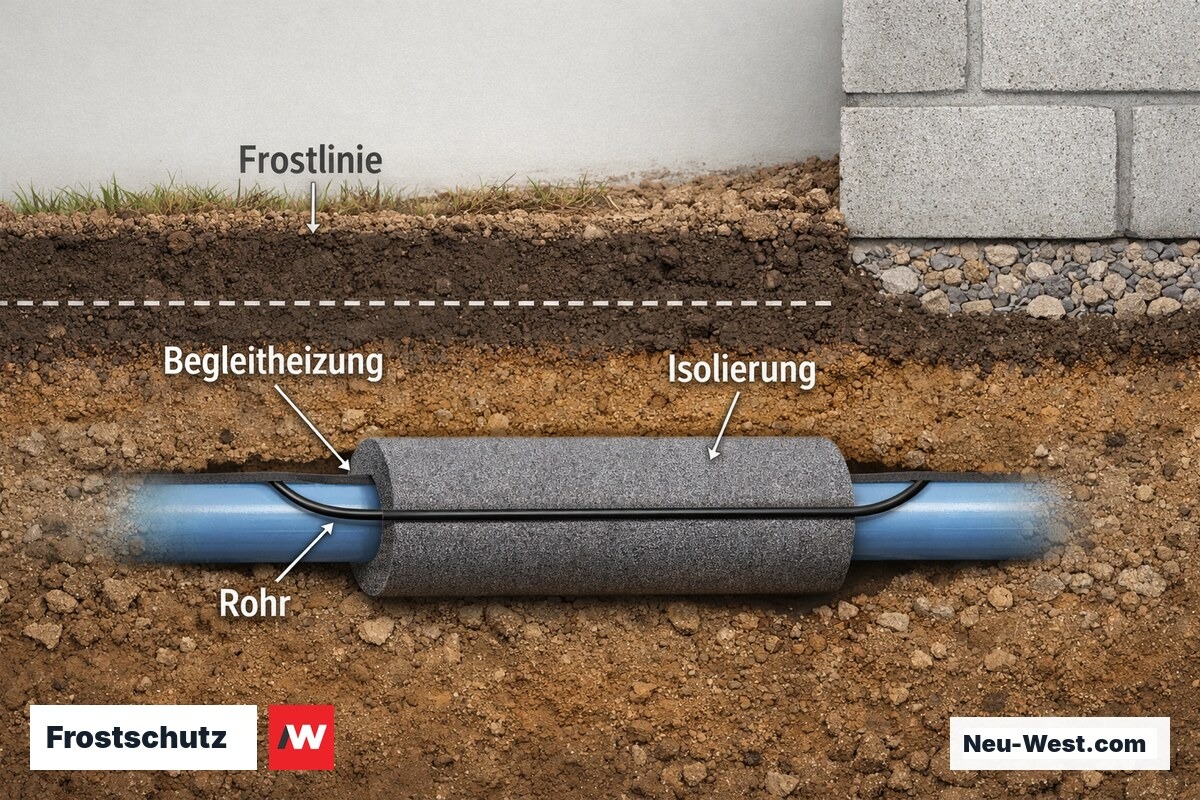 Frostschutz: Mindestüberdeckungstiefe, Begleitheizung und Wärmedämmung – Erklär-Grafik (NEUWEST Berlin)
