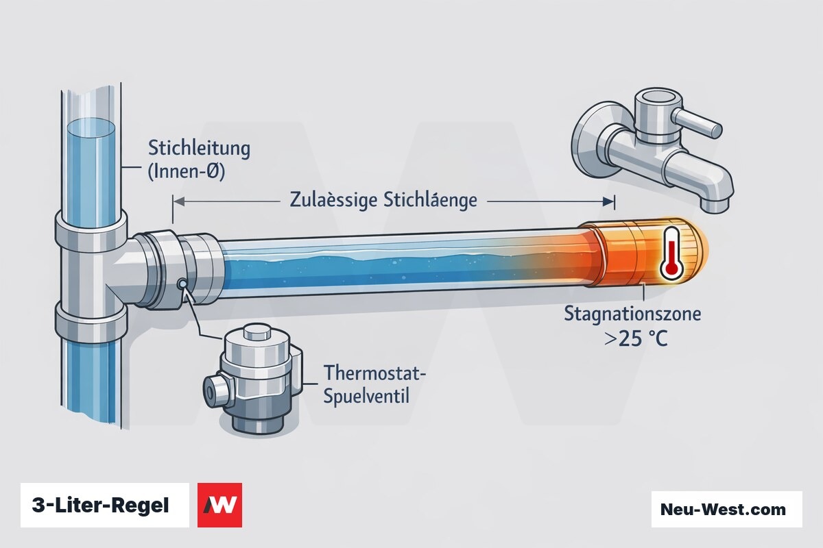 Rohr-Querschnitt einer Kaltwasser-Stichleitung mit Volumen, Stichlänge, warmer Stagnationszone am Toten Ende und Thermostat-Spülventil.