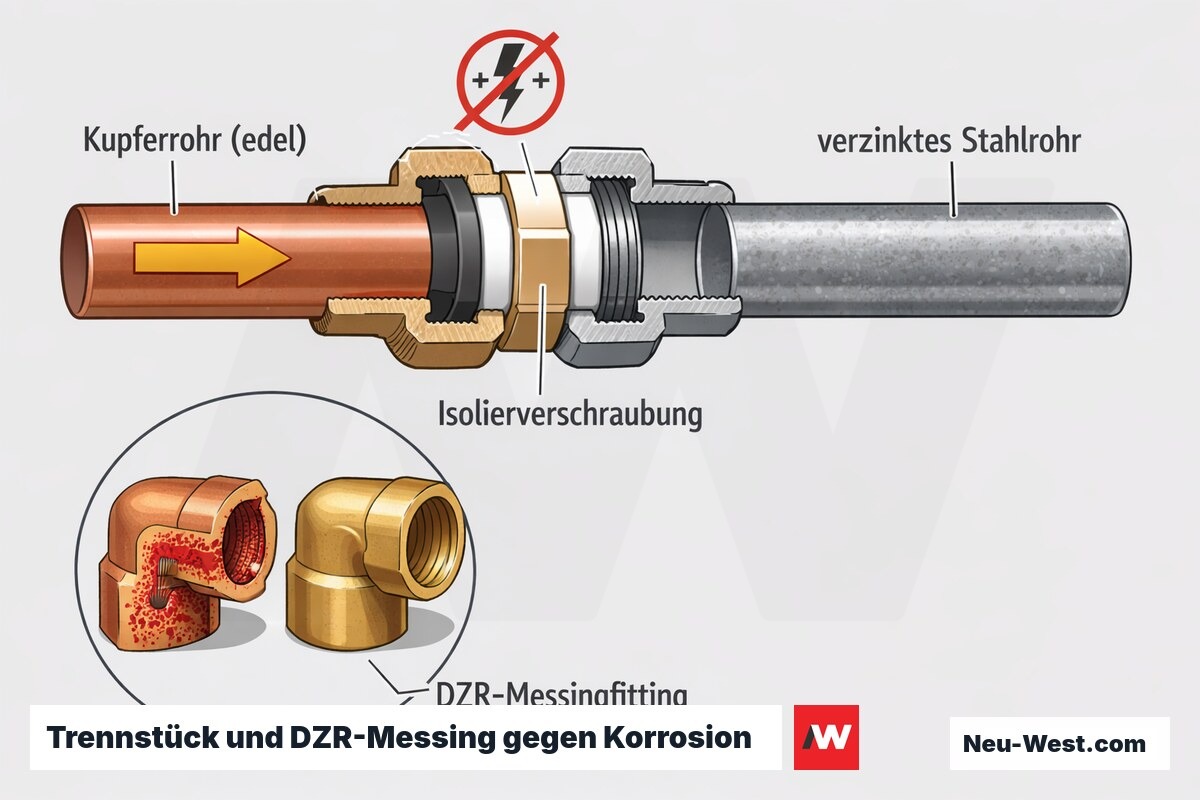 Cutaway-Grafik: Kupferrohr, dielektrische Isolierverschraubung und verzinktes Stahlrohr sowie Vergleich entzinkter Messingfitting gegen DZR-Messing.