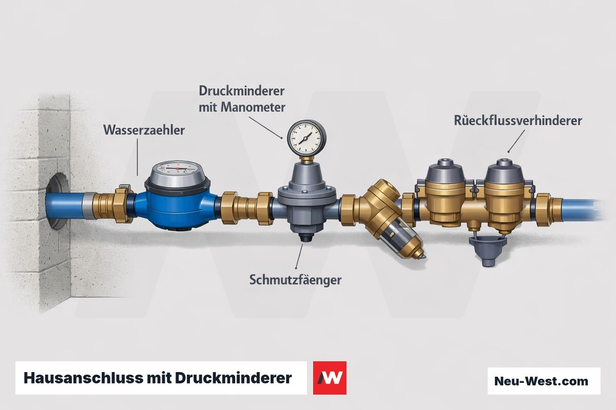 Querschnitt eines Hausanschlusses mit Wasserzähler, Schmutzfänger, Druckminderer mit Manometer und Rückflussverhinderer an der Kellerwand.