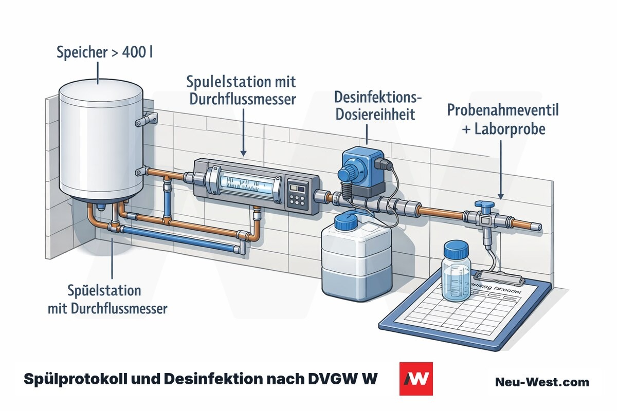 Cutaway-Illustration einer Trinkwasser-Installation mit Speicher, Spülstation, Desinfektions-Dosiereinheit und Probenahmeventil für die Laboruntersuchung nach TrinkwV.
