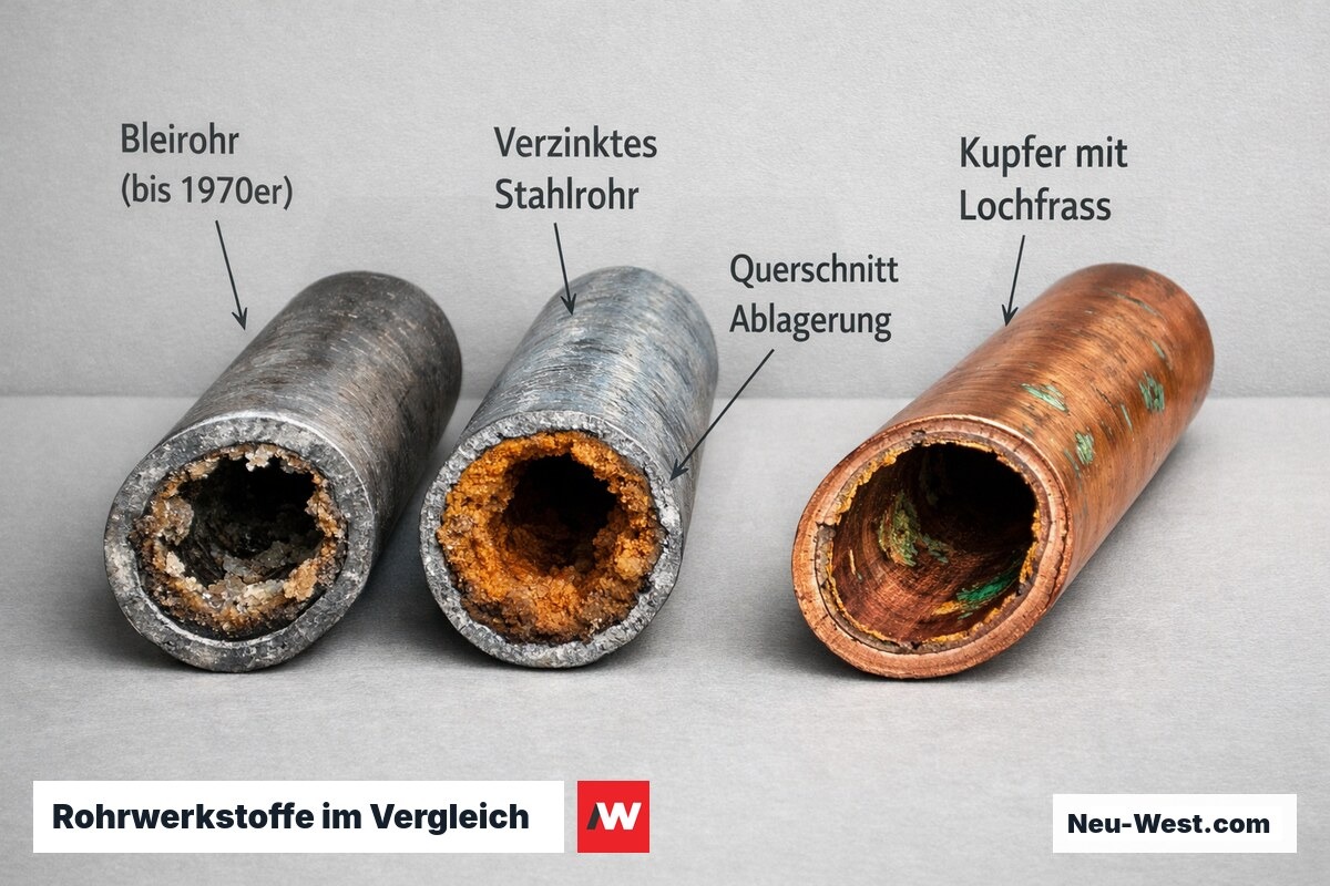 Querschnitt dreier Rohrleitungen: Blei, Stahl und Kupfer mit typischen Korrosionsschäden und Ablagerungen im Inneren