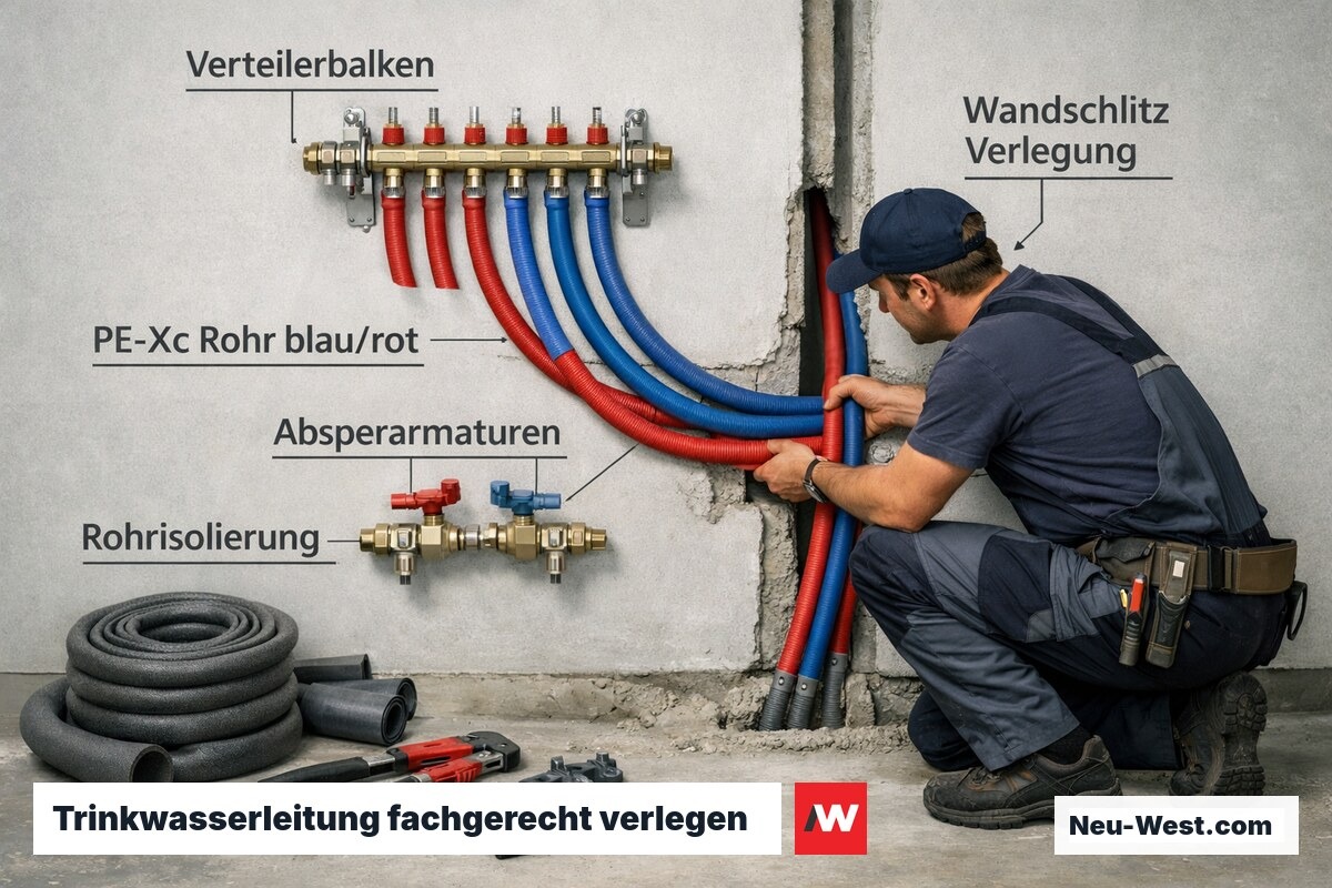 Fachmann verlegt flexible PE-X Rohrleitungen mit Verteilerbalken und Absperrarmaturen im Rohbau eines Wohnhauses