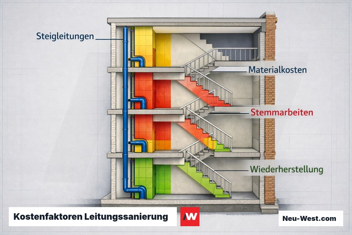 Gebäudeschnitt zeigt Kostenverteilung bei Leitungssanierung: Steigleitungen, Stemmarbeiten und Wiederherstellung farblich markiert