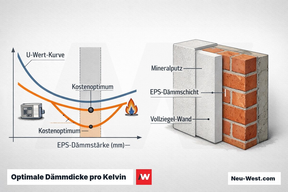 Erklär-Grafik: Diagramm aus U-Wert- und Kostenkurve mit Optimum-Zone neben Wandquerschnitt mit EPS-Dämmung auf Vollziegel, Wärmepumpe vs. Gas.