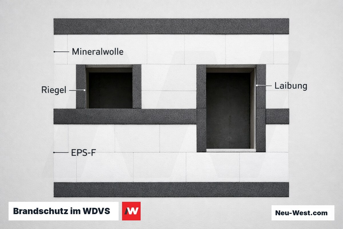 Brandschutz im WDVS: Riegelanordnung nach LBO – Erklär-Grafik (NEUWEST Berlin)