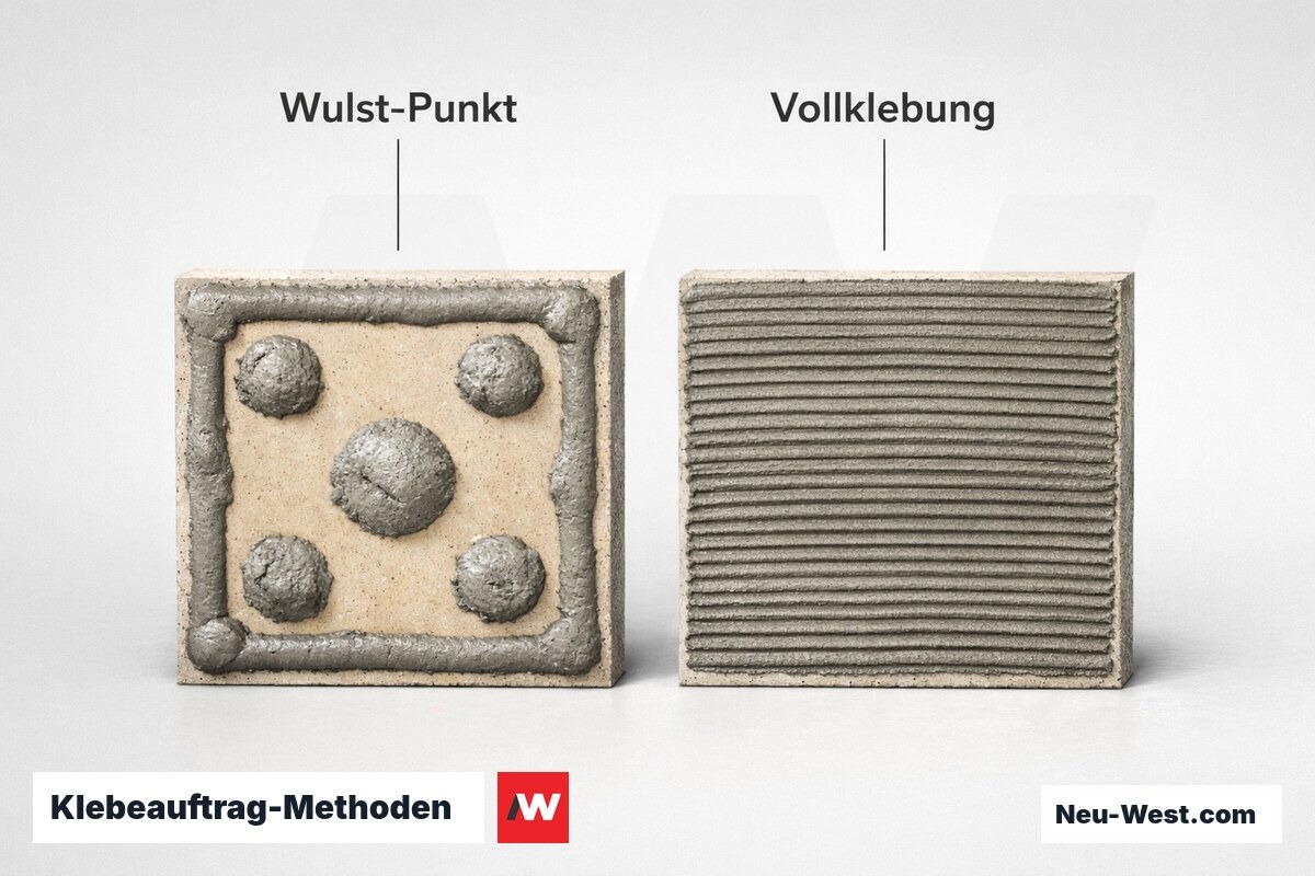 Klebeauftrag-Methoden: Wulst-Punkt vs. Vollklebung – Erklär-Grafik (NEUWEST Berlin)