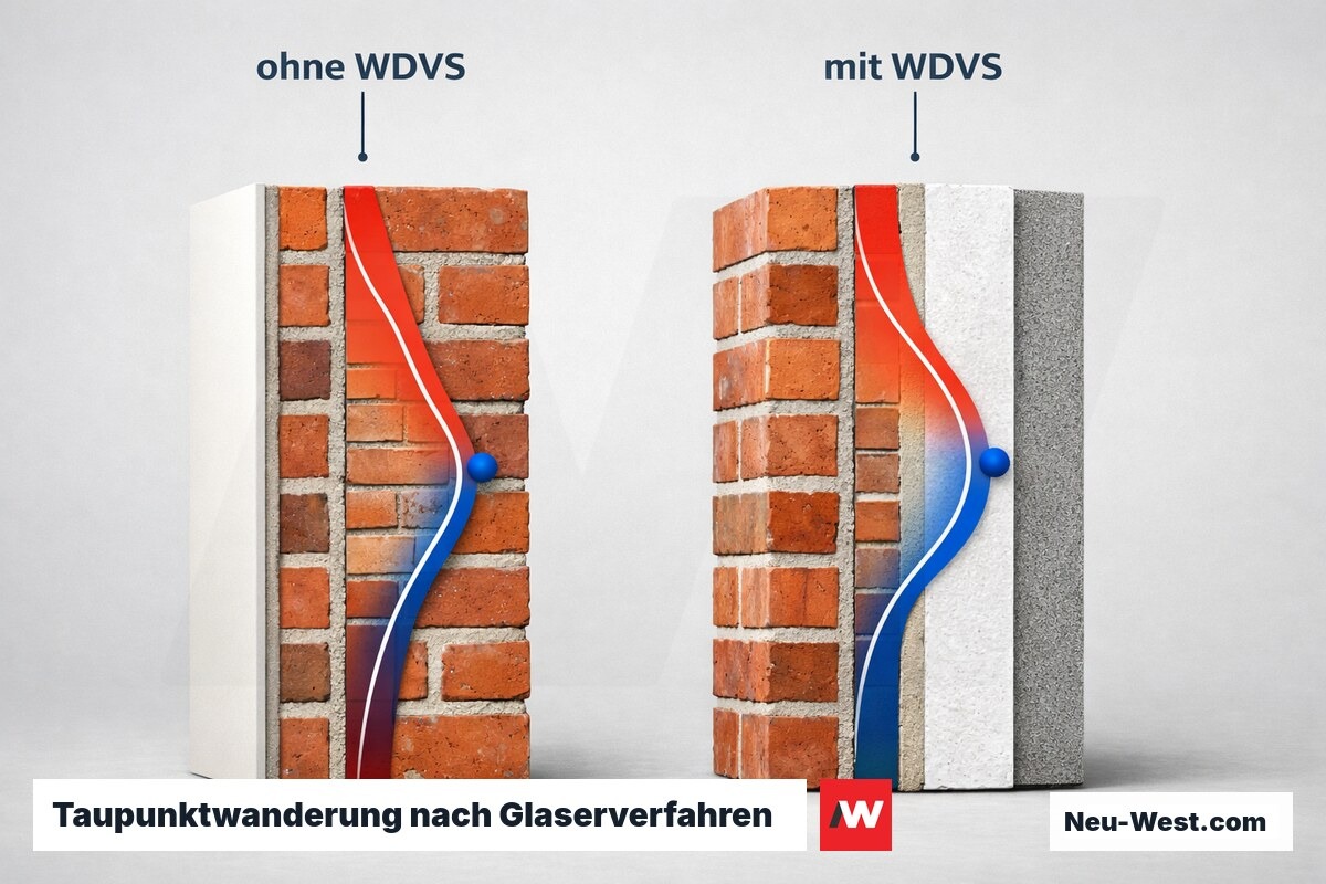 Taupunktwanderung nach Glaserverfahren: ungedämmt vs. 16 cm EPS-WDVS – Erklär-Grafik (NEUWEST Berlin)