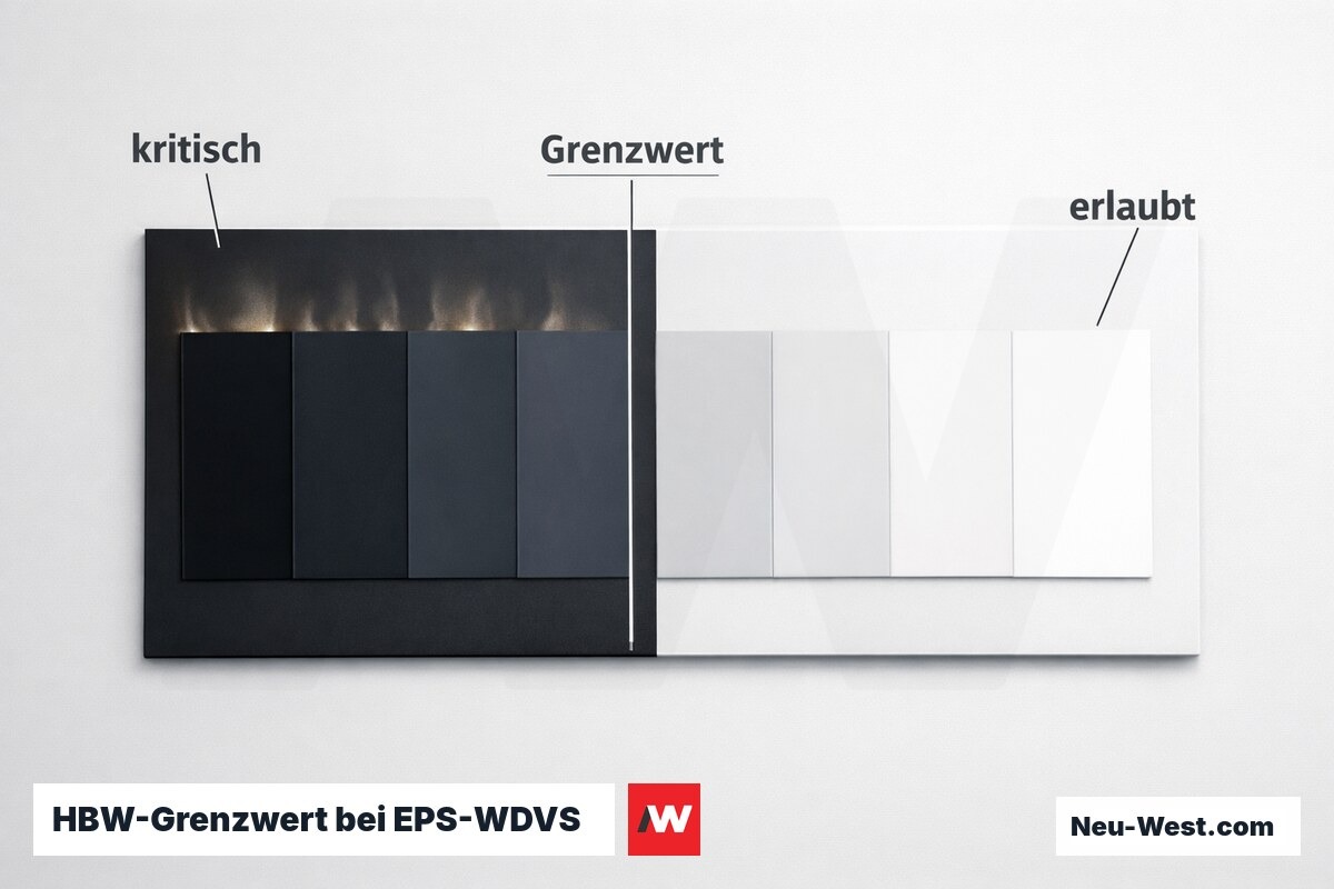 HBW-Grenzwert bei EPS-WDVS: Kritische Farbtöne und Systemgrenzen – Erklär-Grafik (NEUWEST Berlin)