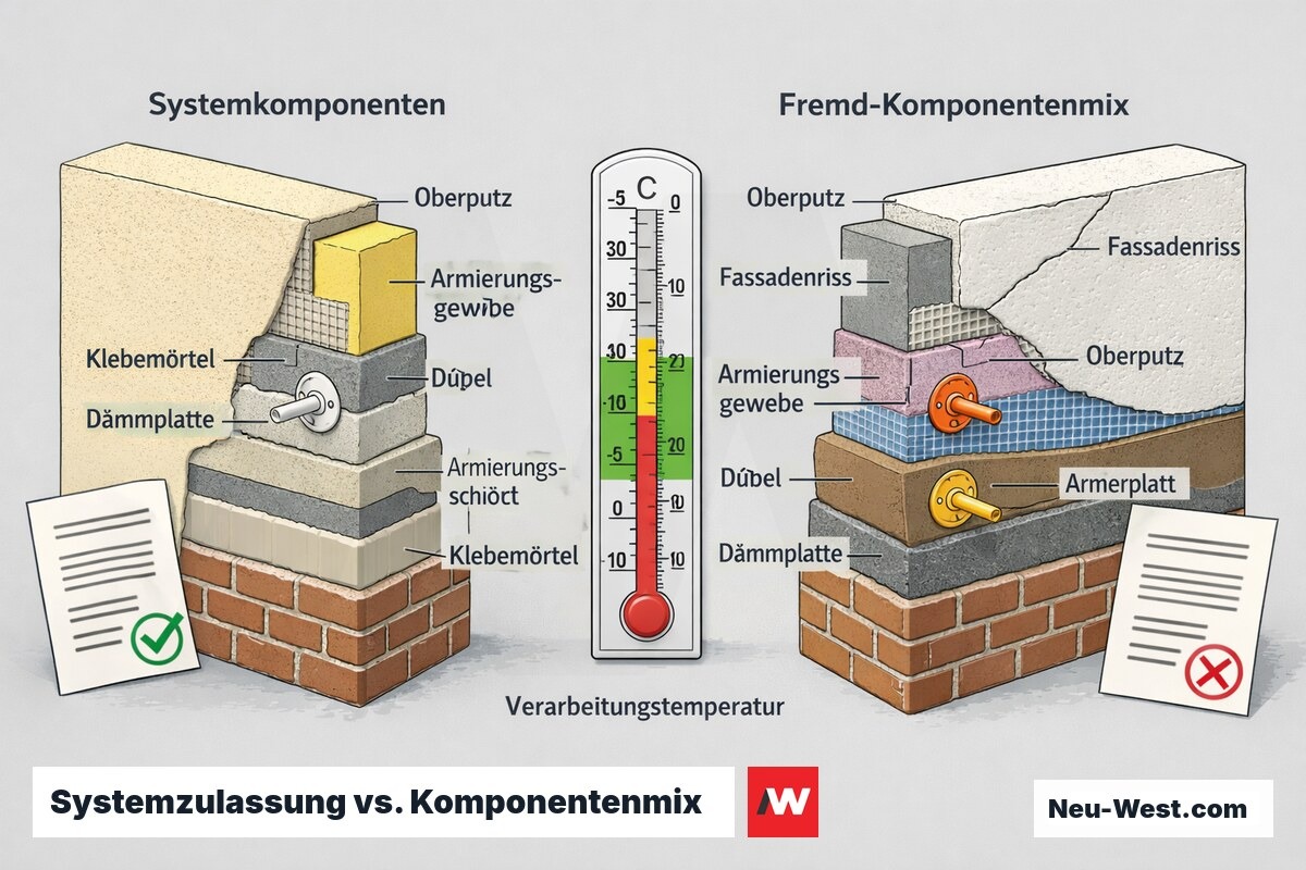 Vergleichs-Querschnitt zweier WDVS-Fassaden: einheitliches zugelassenes System gegenüber Fremd-Komponentenmix mit Riss, dazu Thermometer mit zulässiger Verarbeitungstemperatur.
