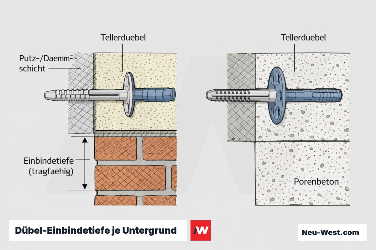 Bauteil-Querschnitt eines WDVS-Dübels: Tellerdübel durch Putz und Dämmung, Mindest-Einbindetiefe im tragfähigen Mauerwerk, Porenbeton mit Tellerdübel.