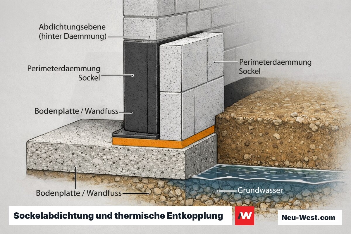 Bauschnitt des Sockels: Abdichtungsebene hinter der Perimeterdämmung und horizontales Perimeterdämmband zur thermischen Entkopplung am Wandfuß über der Bodenplatte.