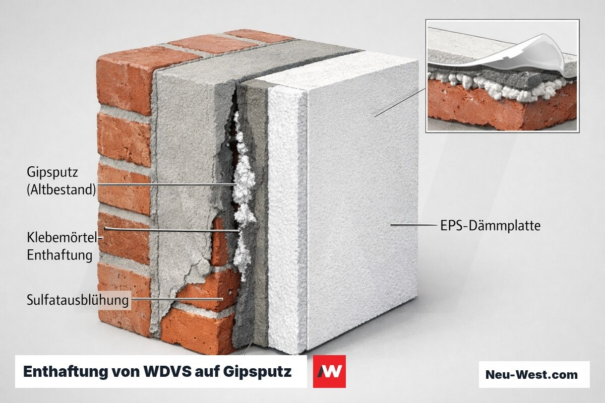 Wandquerschnitt: WDVS-Klebemörtel enthaftet vom Gipsputz, mit Sulfatausblühung und Feuchtezone an der Grenzfläche unter EPS-Dämmplatte.