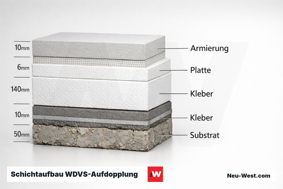 Schichtaufbau WDVS-Aufdopplung: Bestandslagen und neue Systemlagen – Erklär-Grafik (NEUWEST Berlin)